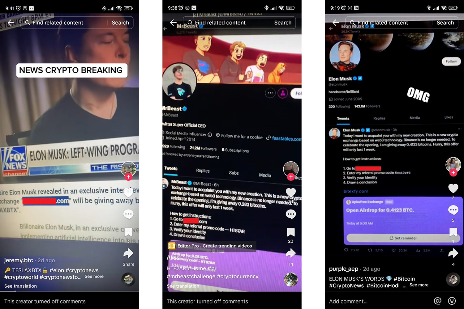 These examples show TikTok scams involving the image and likeness of celebrities.