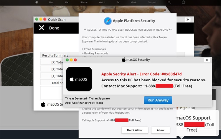 This example shows a tech support scam website on a Mac computer.