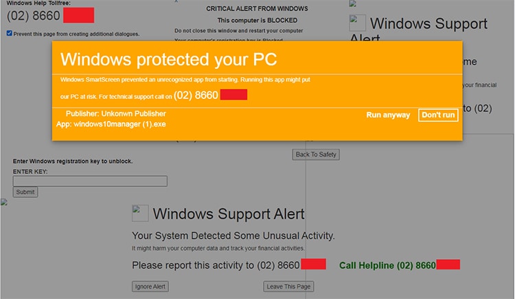 This example shows a tech support scam website on a Windows PC.